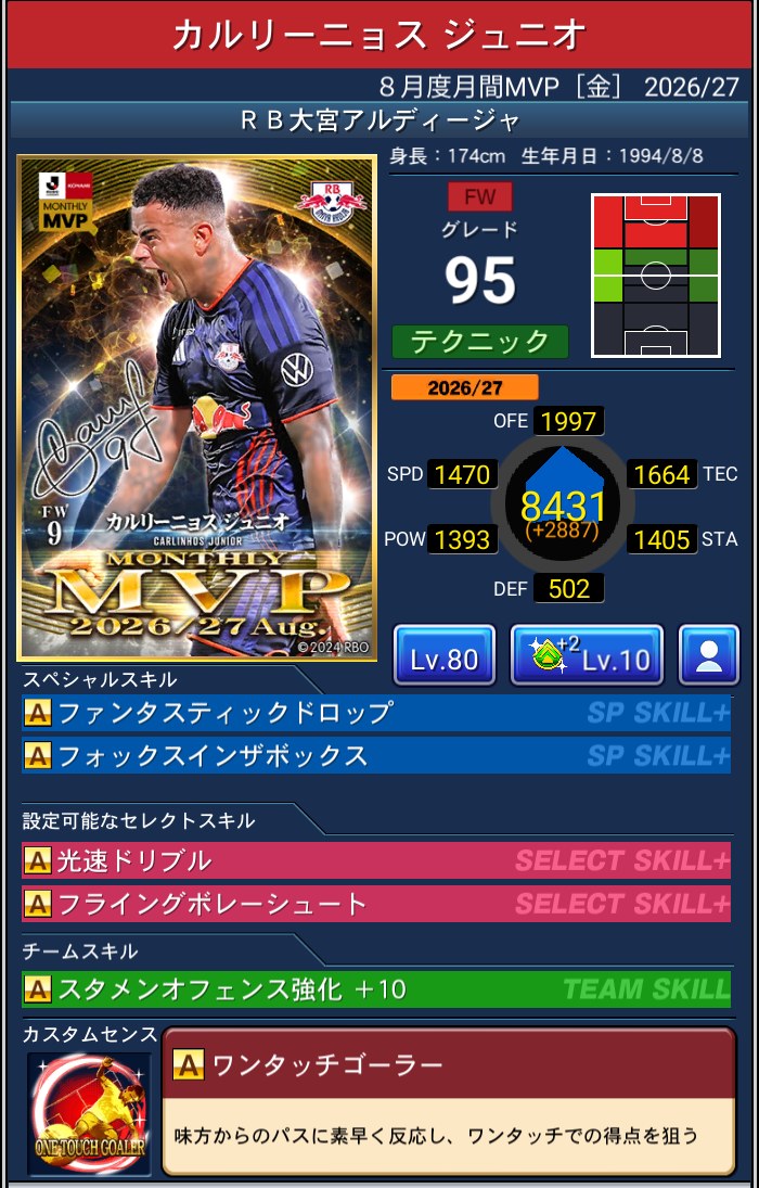 カルリーニョス・ジュニオ RB大宮アルディージャ Jクラ 月間MVP(8月) 金カード 2026/27