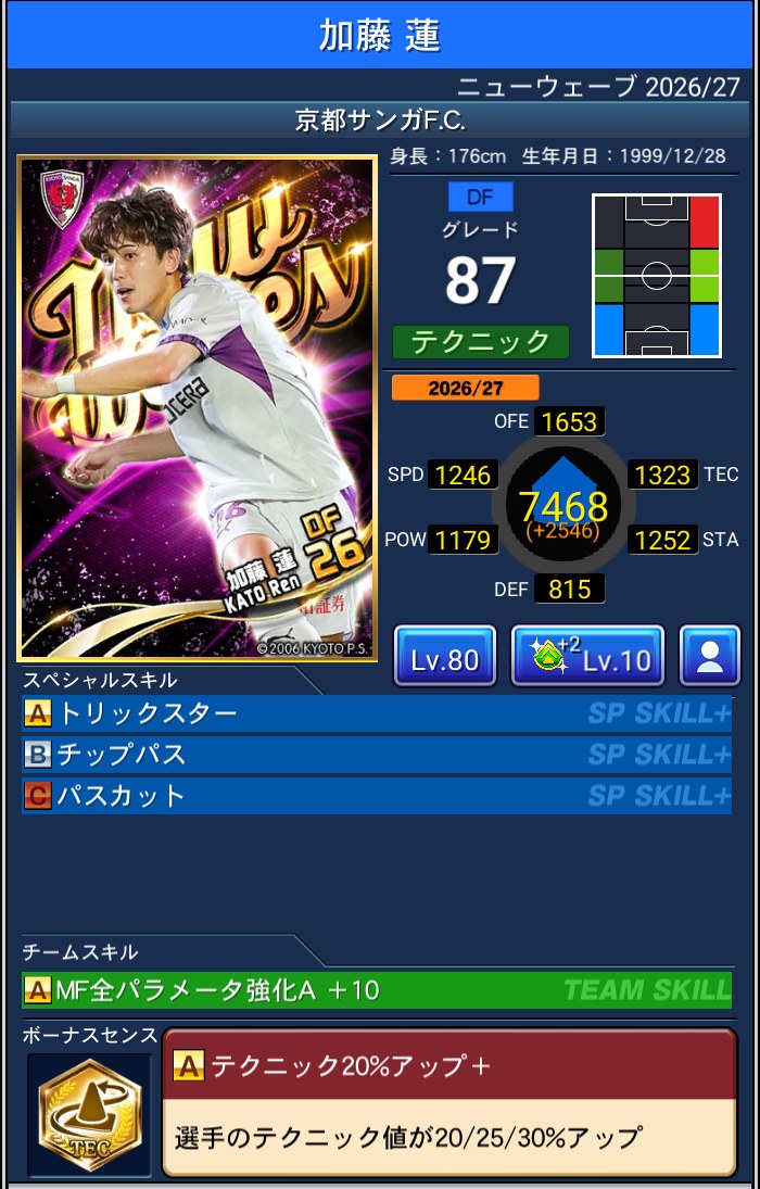 加藤蓮 京都サンガF.C. Jクラ NEWWAVES 2026/27