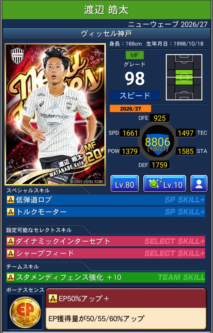 渡辺皓太 ヴィッセル神戸 Jクラ NEWWAVES 2026/27