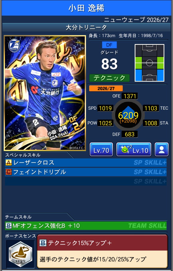 小田逸稀 大分トリニータ Jクラ NEWWAVES 2026/27