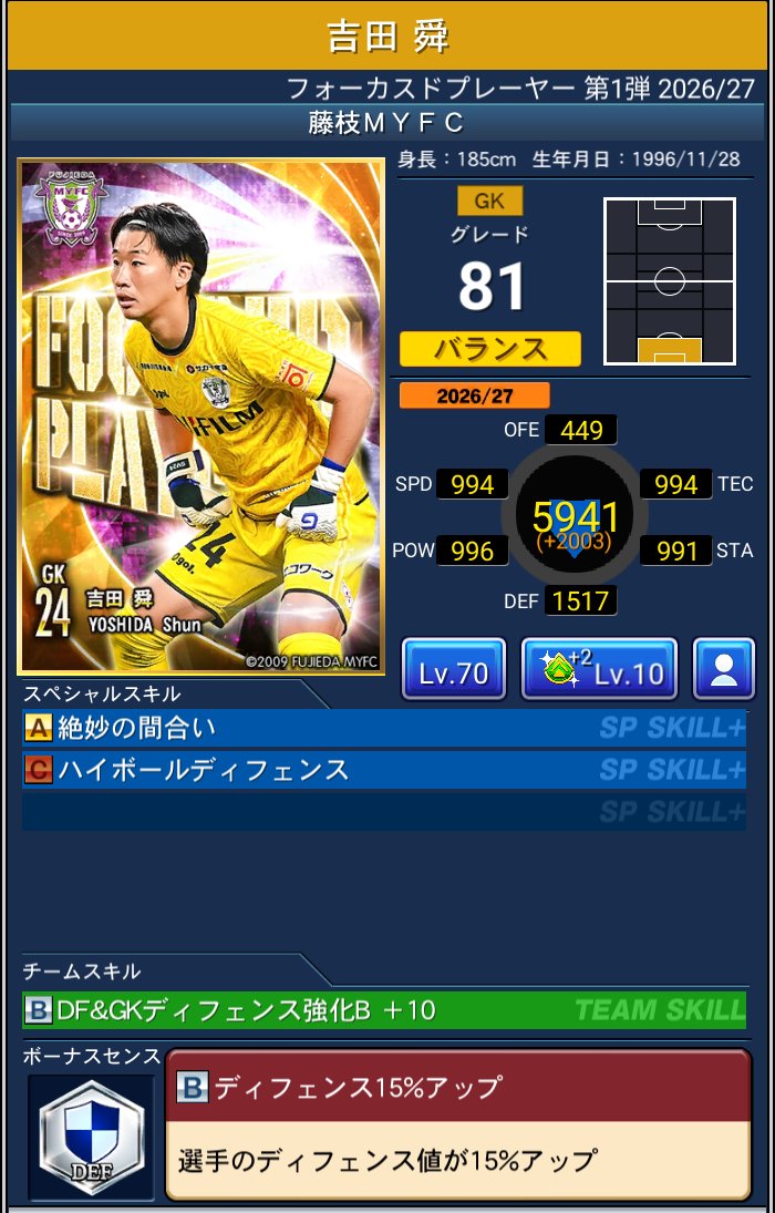 吉田 舜 藤枝MYFC Jクラ FOCUSED PLAYERS第1弾 2026/27