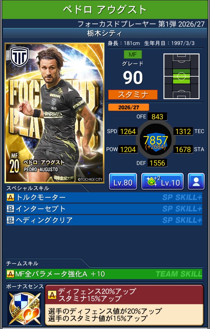 ペドロ アウグスト 栃木シティ Jクラ FOCUSED PLAYERS第1弾 2026/27