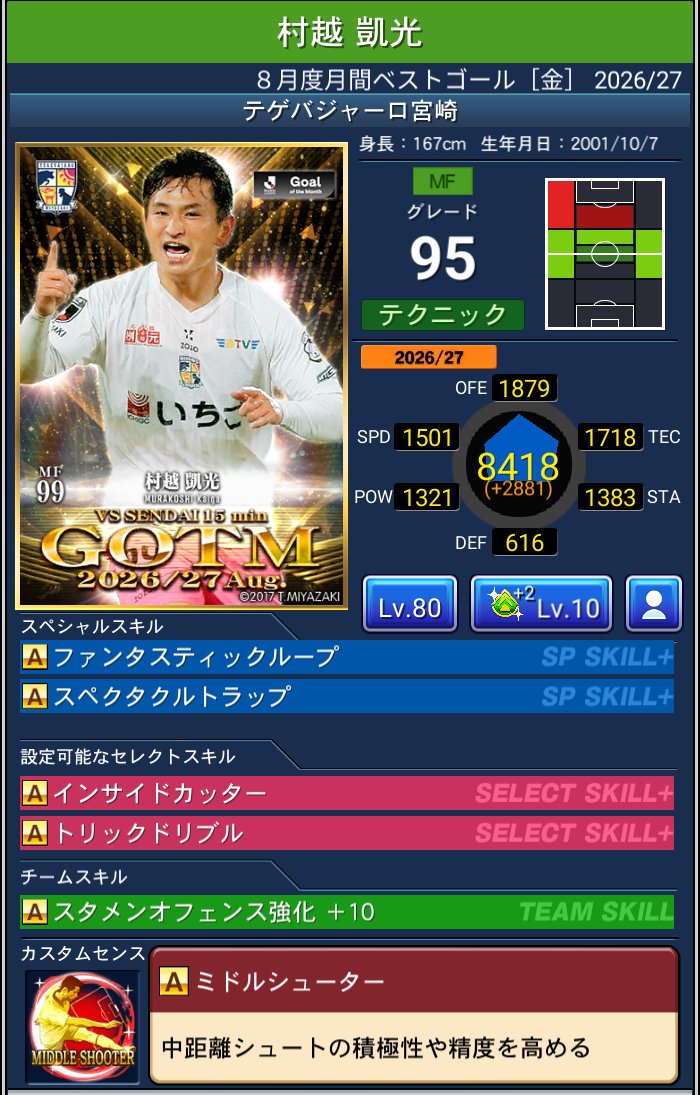 村越 凱光 テゲバジャーロ宮崎 Jクラ 8月度月間ベストゴール［金］ 2026/27
